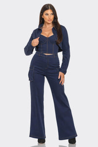 Denim Crop Jacket 3pcs Set - Modestly Vogue