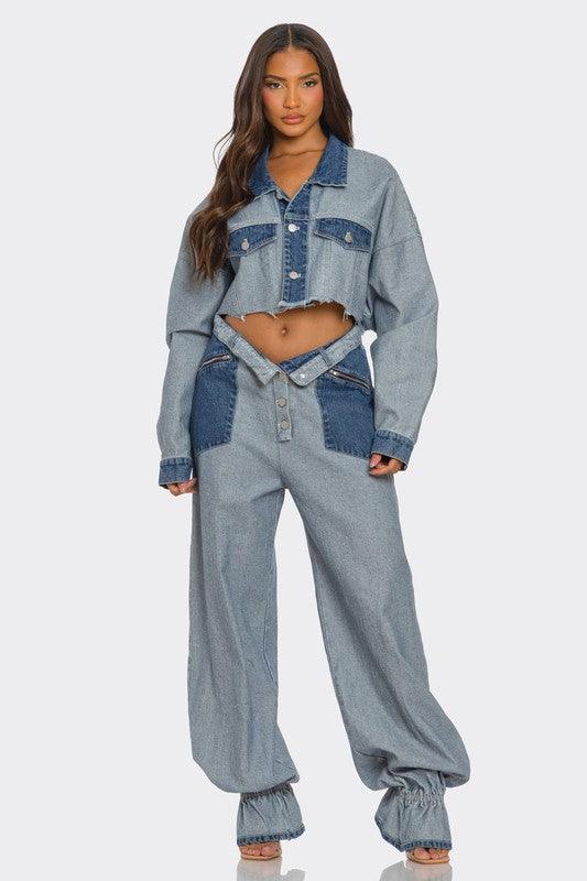 Denim Cropped Contrast Set - Modestly Vogue