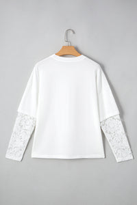 White Lace Long Sleeve Tee – Fake Two-Piece Drop Shoulder - Modestly Vogue