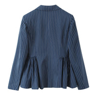 Women Clothing Autumn Elegant British Puffy Bud Bottom Leveling Collared Long Sleeve Striped Blazers