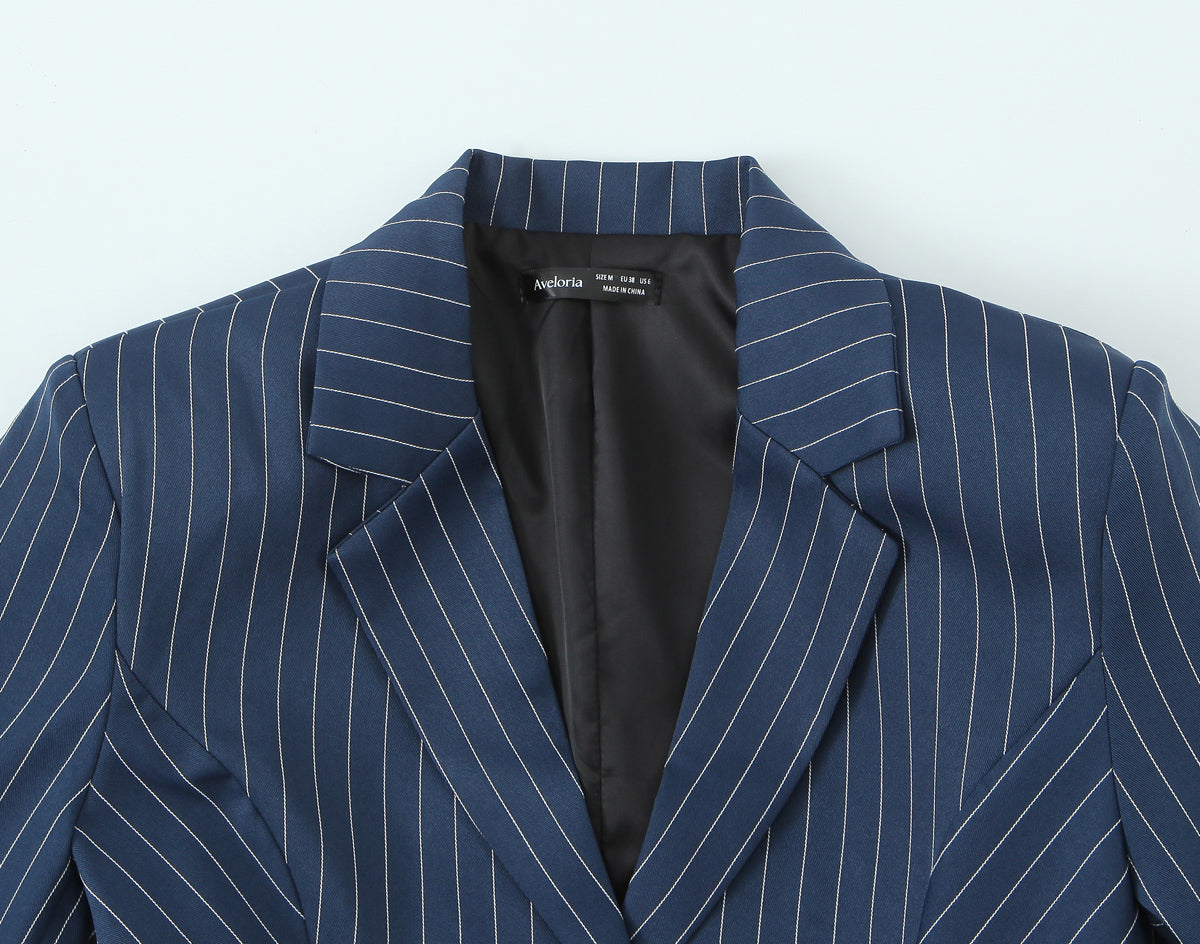 Women Clothing Autumn Elegant British Puffy Bud Bottom Leveling Collared Long Sleeve Striped Blazers