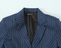 Women Clothing Autumn Elegant British Puffy Bud Bottom Leveling Collared Long Sleeve Striped Blazers