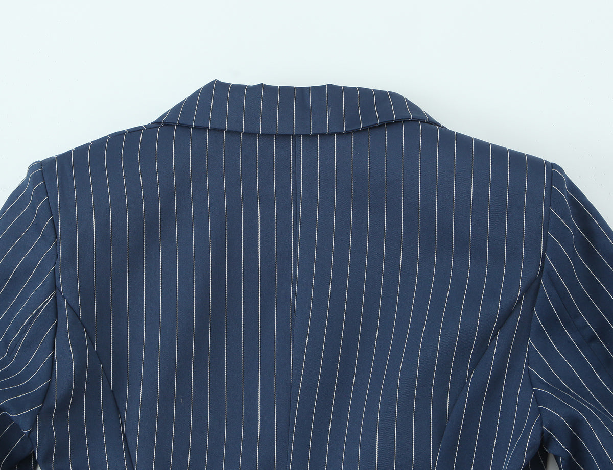 Women Clothing Autumn Elegant British Puffy Bud Bottom Leveling Collared Long Sleeve Striped Blazers