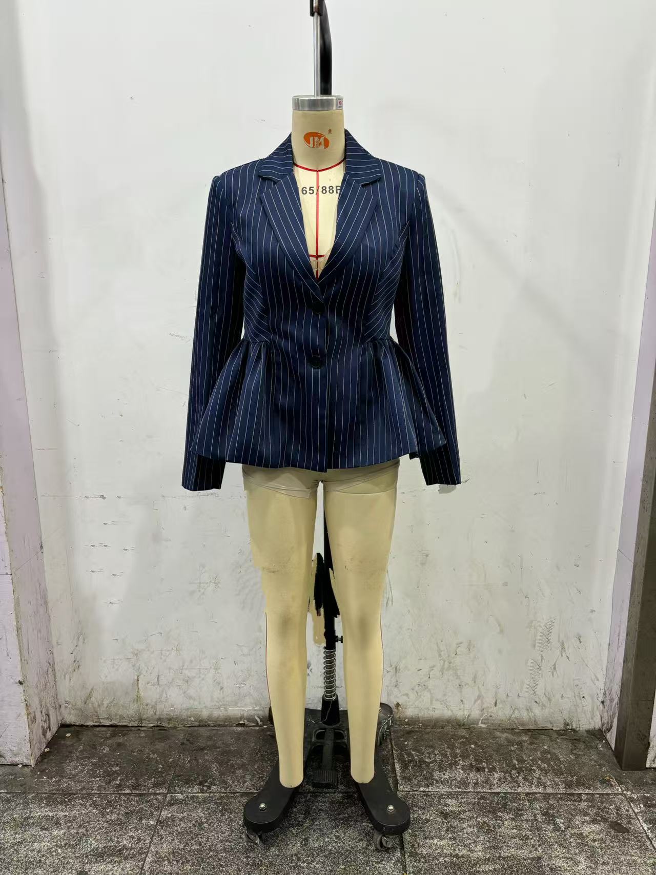 Women Clothing Autumn Elegant British Puffy Bud Bottom Leveling Collared Long Sleeve Striped Blazers