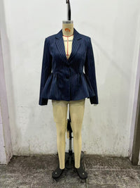 Women Clothing Autumn Elegant British Puffy Bud Bottom Leveling Collared Long Sleeve Striped Blazers