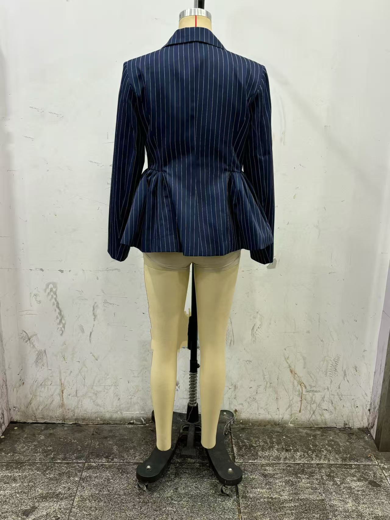 Women Clothing Autumn Elegant British Puffy Bud Bottom Leveling Collared Long Sleeve Striped Blazers