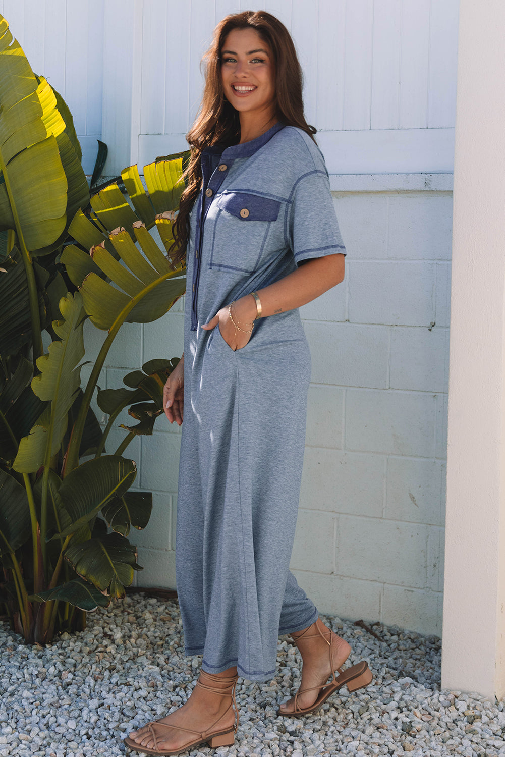 Beau Blue Half Placket Chest Pockets Short Sleeve Wide Leg Jumpsuit - Modestly Vogue