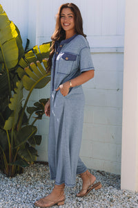 Beau Blue Half Placket Chest Pockets Short Sleeve Wide Leg Jumpsuit - Modestly Vogue