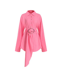 Vacation Long Sleeve Shirt Dress with Lace-Up Waist - Modestly Vogue