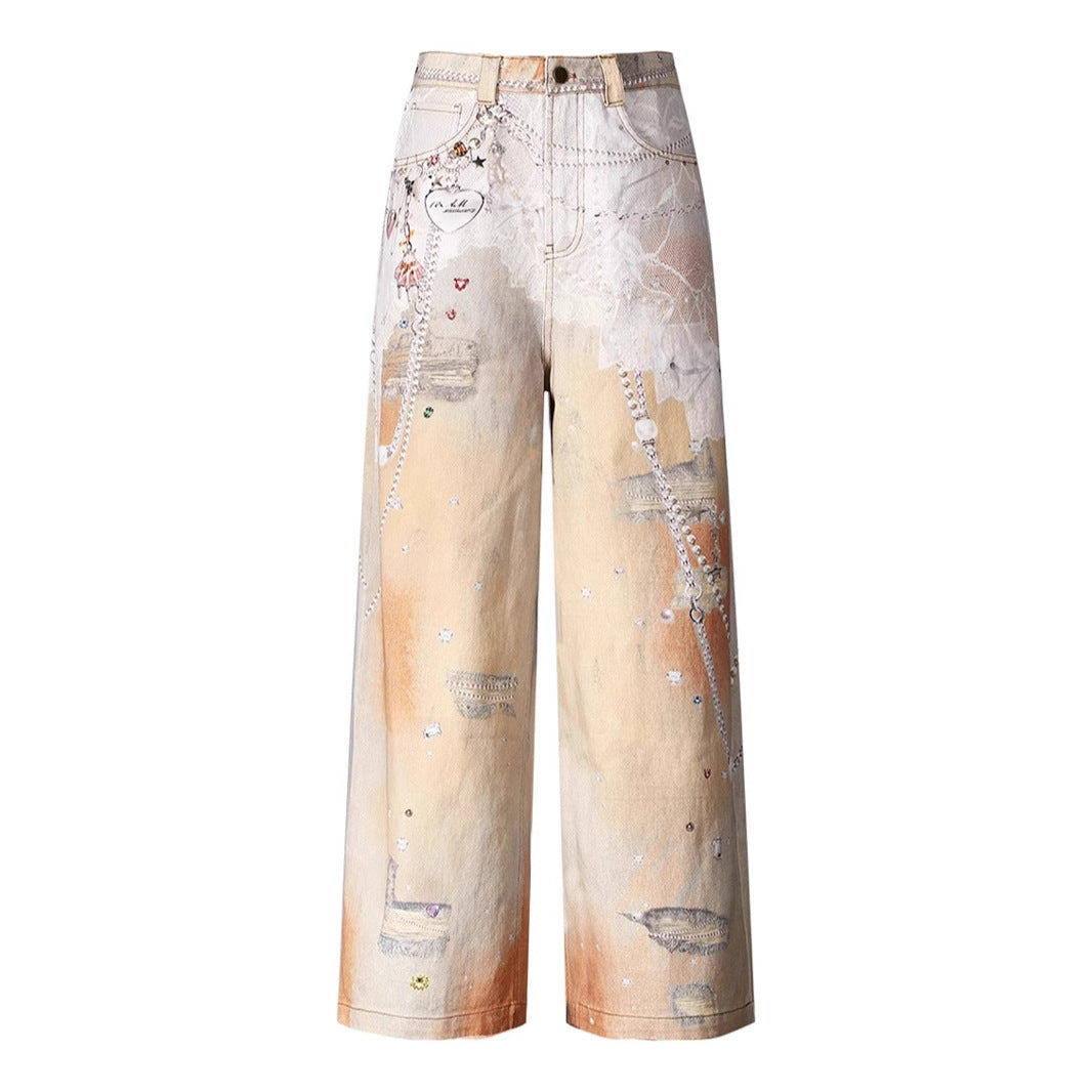 Retro Chain Printed Orange Jeans Women Summer Dopamine Wear Loose Fitting Wide Leg Trousers