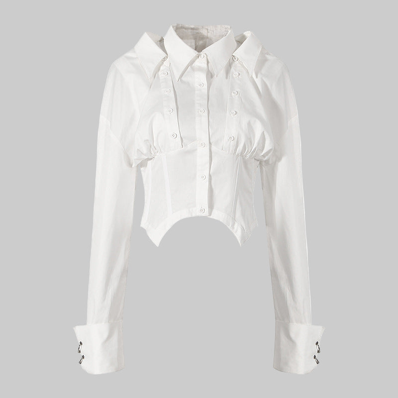Shirt White Black Shirt for Women Niche Design Waist Trimming Shirt