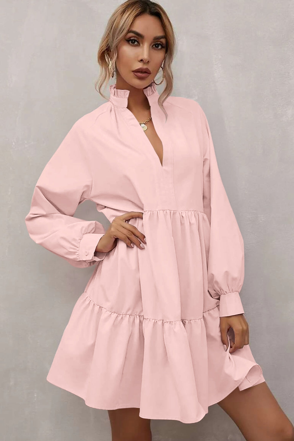 Pink Frilled Stand Collar Long Sleeve Ruffle Dress - Modestly Vogue