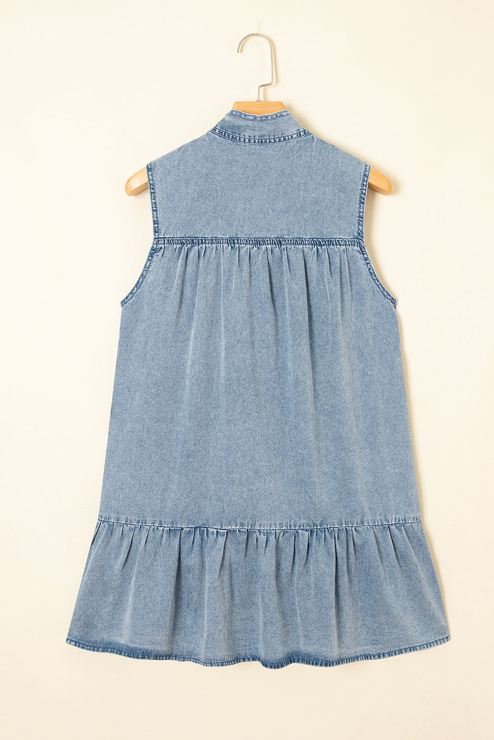 Real Teal Bowknot Neck Sleeveless Ruffled Chambray Dress - Modestly Vogue