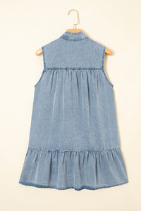 Real Teal Bowknot Neck Sleeveless Ruffled Chambray Dress - Modestly Vogue