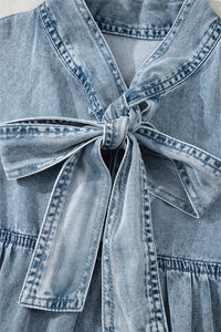 Real Teal Bowknot Neck Sleeveless Ruffled Chambray Dress - Modestly Vogue