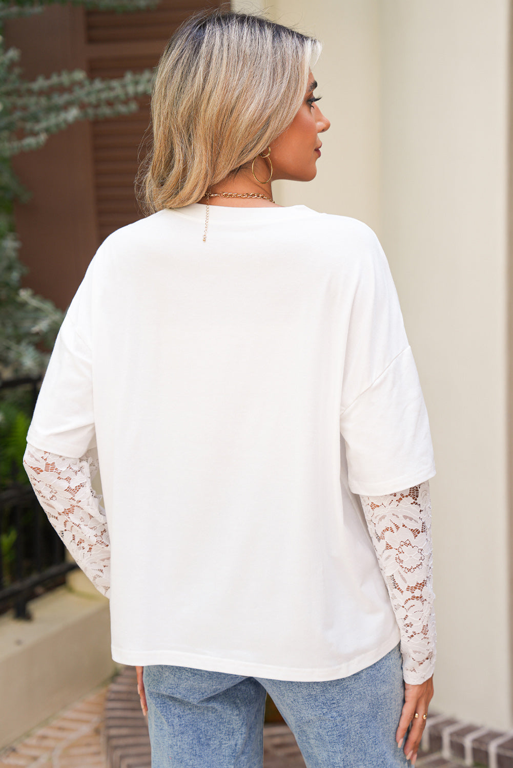 White Lace Long Sleeve Tee – Fake Two-Piece Drop Shoulder - Modestly Vogue