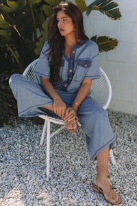Beau Blue Half Placket Chest Pockets Short Sleeve Wide Leg Jumpsuit - Modestly Vogue