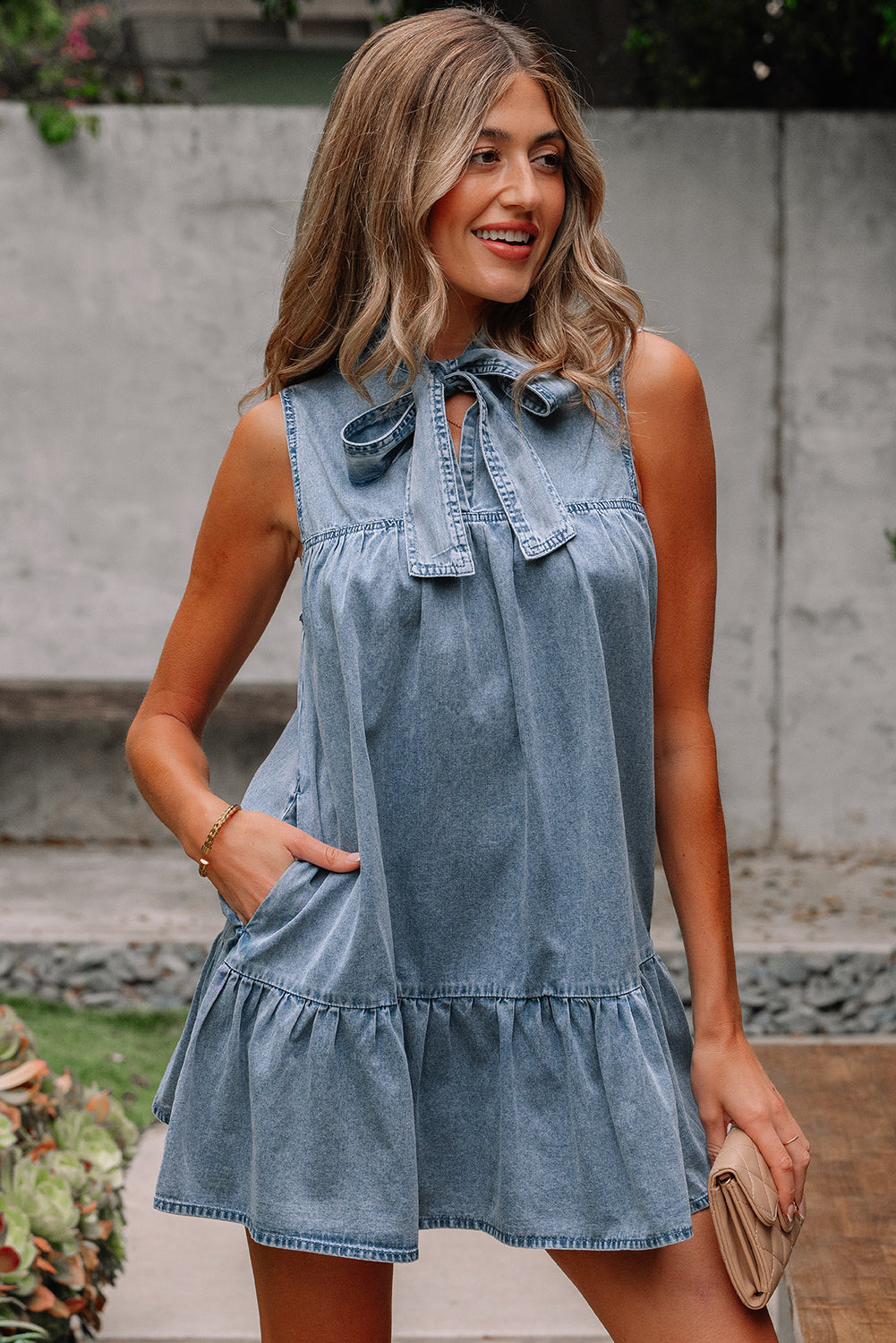 Real Teal Bowknot Neck Sleeveless Ruffled Chambray Dress - Modestly Vogue