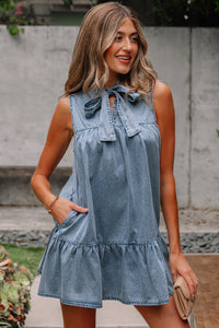 Real Teal Bowknot Neck Sleeveless Ruffled Chambray Dress - Modestly Vogue