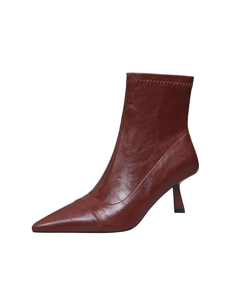 Skinny Boots Women Retro Soft Leather Stiletto Pointed Toe Ankle Boots Booties