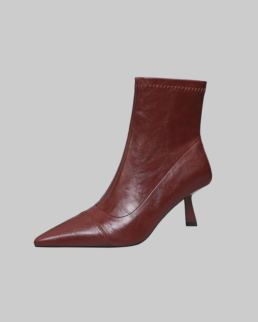 Skinny Boots Women Retro Soft Leather Stiletto Pointed Toe Ankle Boots Booties - Modestly Vogue
