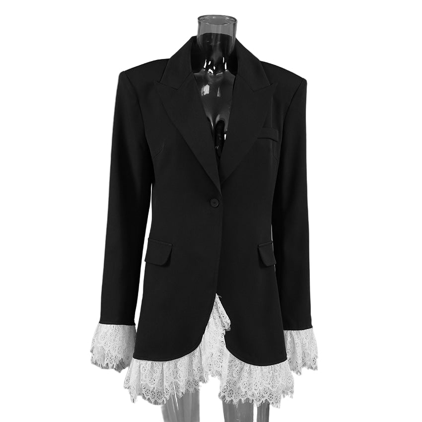 Fall V neck Lace Adult Lady like Woman Wind Black Elegant Blazer for Women(Without Belt)