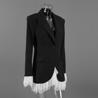 Fall V neck Lace Adult Lady like Woman Wind Black Elegant Blazer for Women(Without Belt)