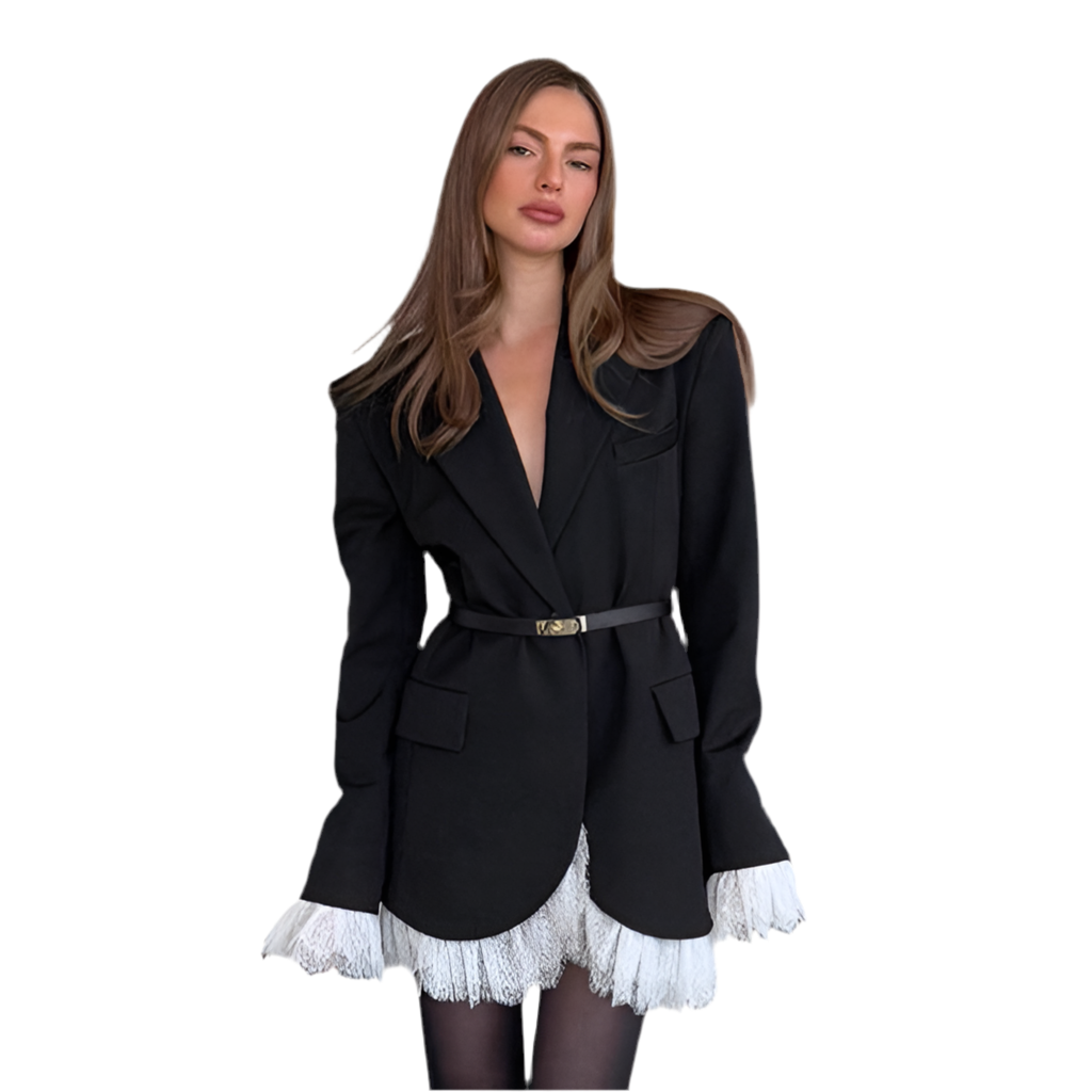 Fall V neck Lace Adult Lady like Woman Wind Black Elegant Blazer for Women(Without Belt)