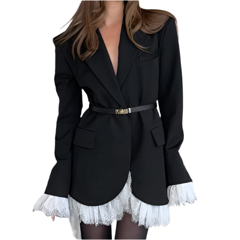 Fall V neck Lace Adult Lady like Woman Wind Black Elegant Blazer for Women(Without Belt)