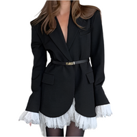 Fall V neck Lace Adult Lady like Woman Wind Black Elegant Blazer for Women(Without Belt)