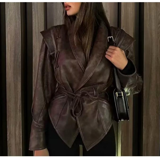 Women Autumn Winter Fashionable Leather Jacket Bomber Jacket Short Coat