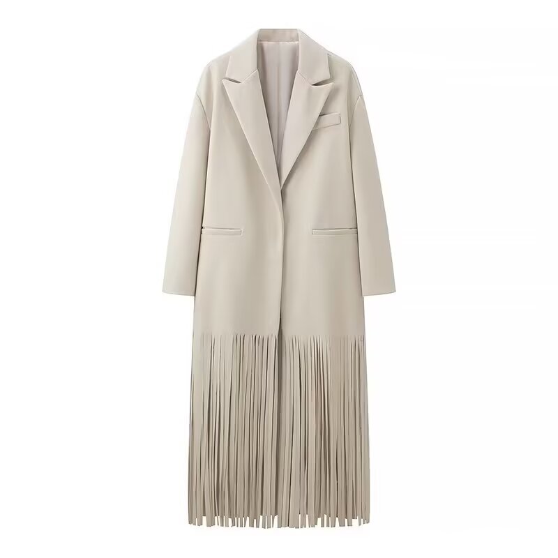 Women Mid Length Tassel Long Trench Coat Dress
