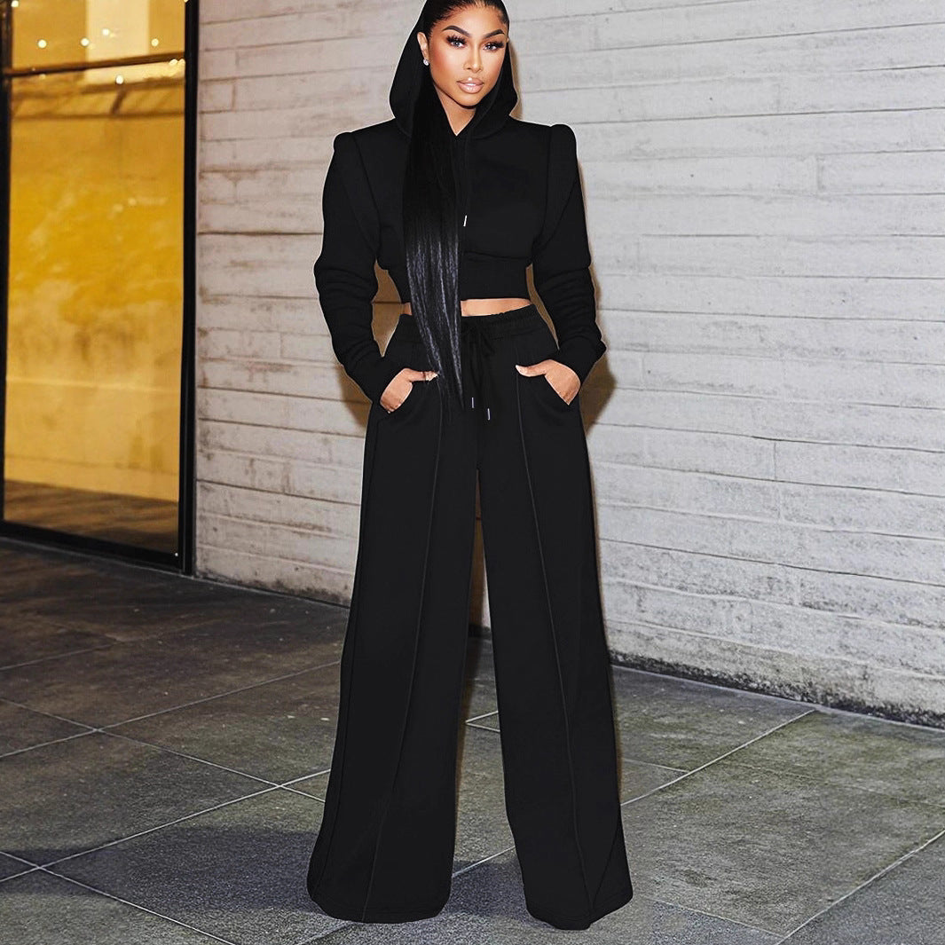 Women Clothing Elegant Right Angle Long Sleeve Hooded Short Top Straight Leg Trousers Women Two Piece Sets