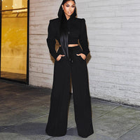 Women Clothing Elegant Right Angle Long Sleeve Hooded Short Top Straight Leg Trousers Women Two Piece Sets