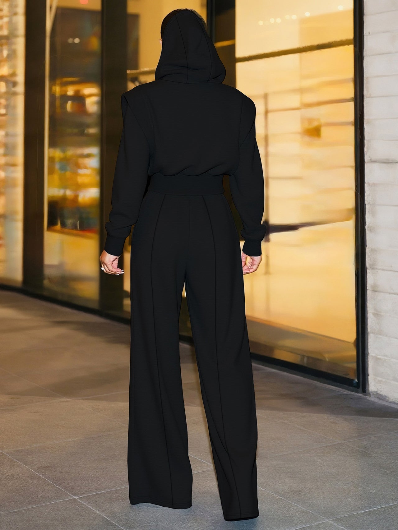 Women Clothing Elegant Right Angle Long Sleeve Hooded Short Top Straight Leg Trousers Women Two Piece Sets