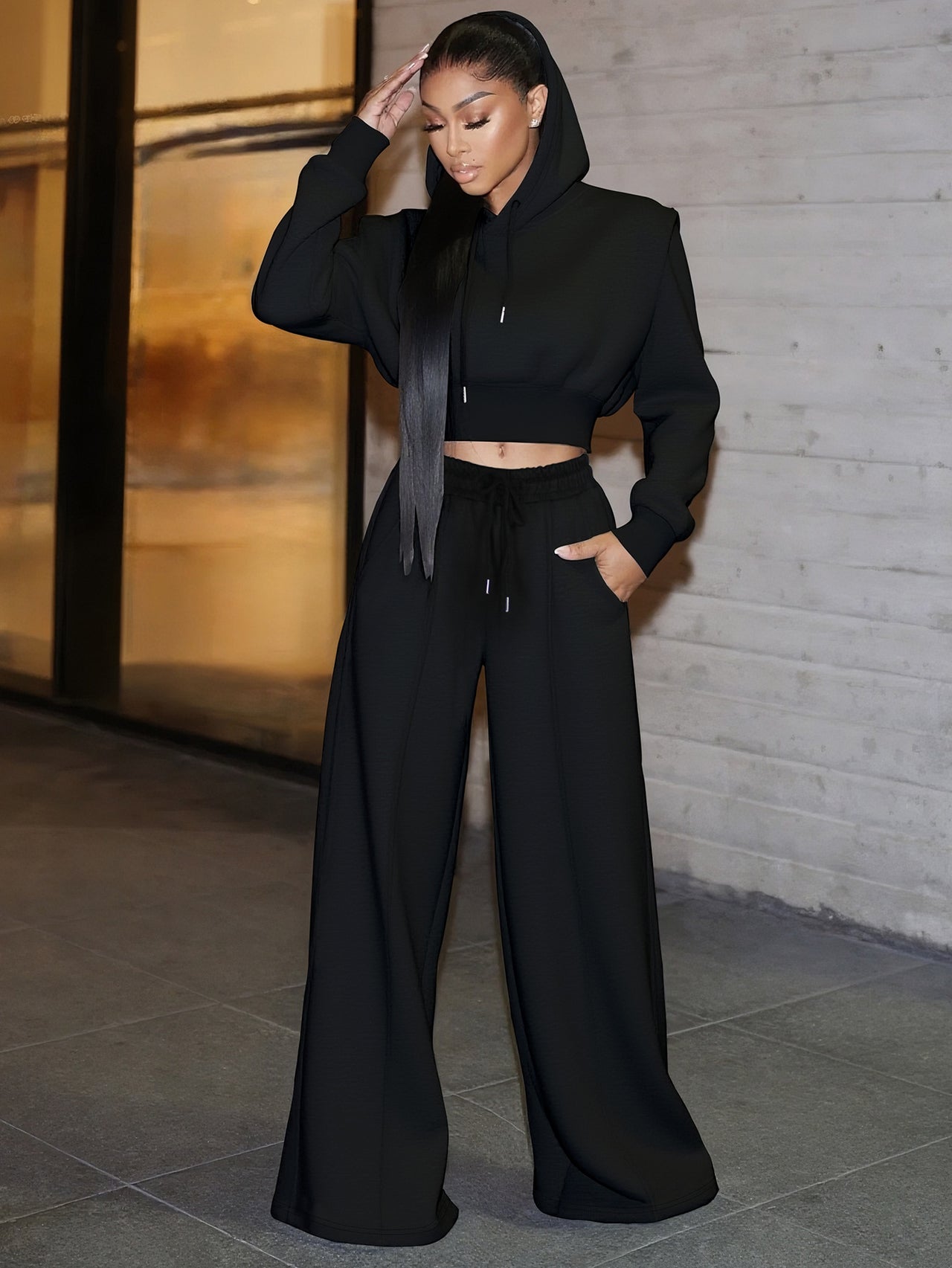 Women Clothing Elegant Right Angle Long Sleeve Hooded Short Top Straight Leg Trousers Women Two Piece Sets