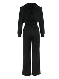 Women Clothing Elegant Right Angle Long Sleeve Hooded Short Top Straight Leg Trousers Women Two Piece Sets