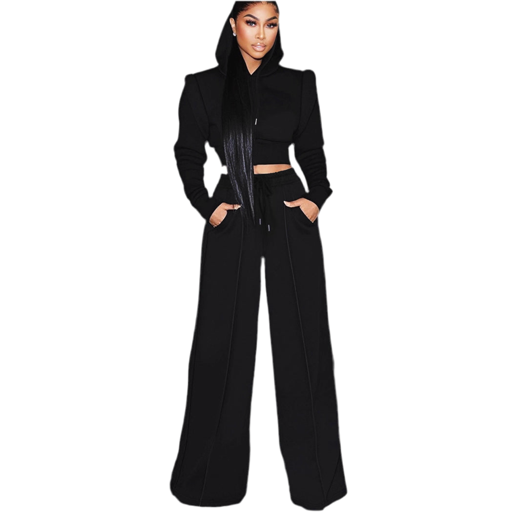 Women Clothing Elegant Right Angle Long Sleeve Hooded Short Top Straight Leg Trousers Women Two Piece Sets