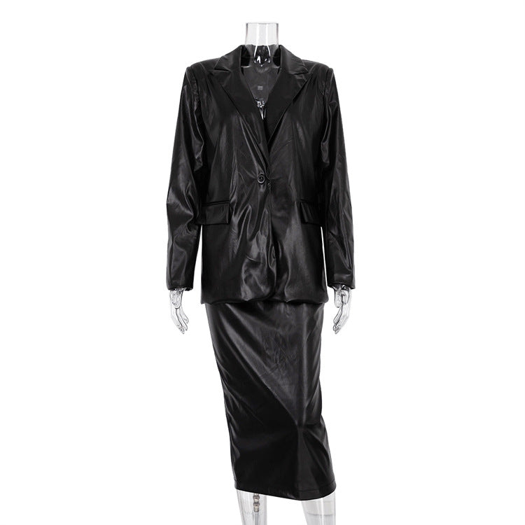 Black Women Clothing Early Spring Blazer Leather Skirt Set Office Two Piece Suit