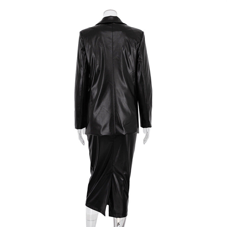 Black Women Clothing Early Spring Blazer Leather Skirt Set Office Two Piece Suit