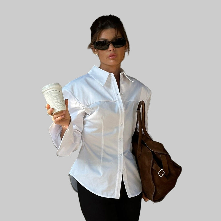 Office White Women Cotton Shirt Spring Summer High Grade Simple All Matching Collared Long Sleeve Cardigan Top - Modestly Vogue