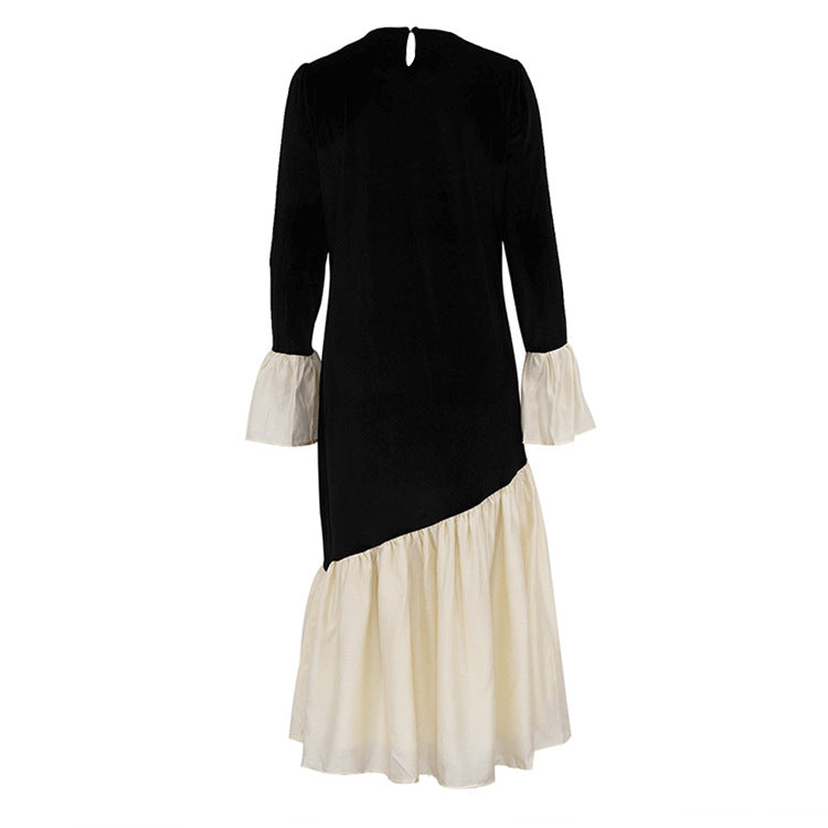 Korean Velvet Autumn French Stitching round Neck Flared Sleeves Dress Loose Maxi Dress Women Clothing
