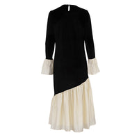 Korean Velvet Autumn French Stitching round Neck Flared Sleeves Dress Loose Maxi Dress Women Clothing
