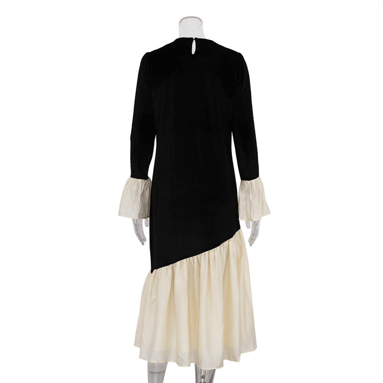 Korean Velvet Autumn French Stitching round Neck Flared Sleeves Dress Loose Maxi Dress Women Clothing