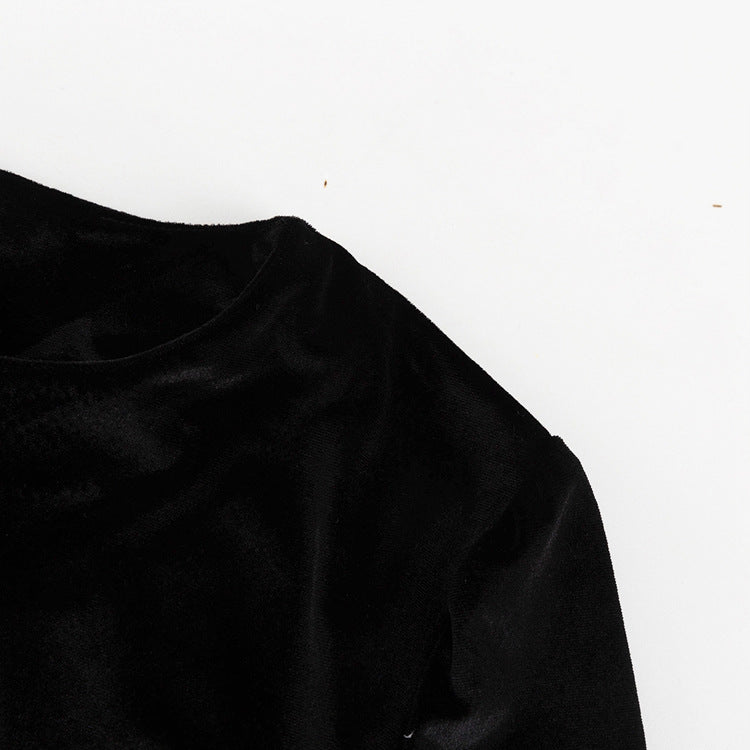 Korean Velvet Autumn French Stitching round Neck Flared Sleeves Dress Loose Maxi Dress Women Clothing