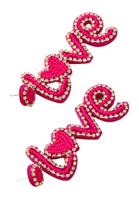 Hot pink love seed bead rhinestone earrings