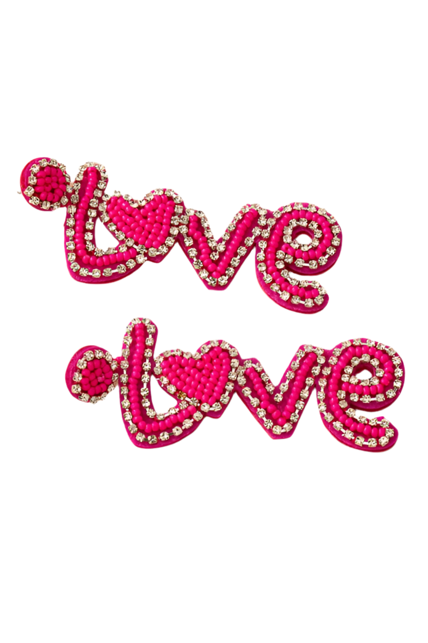Hot pink love seed bead rhinestone earrings