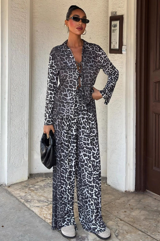 Black Leopard Patterned Two-Piece Set – Chic & Trendy Black Animal Print Set