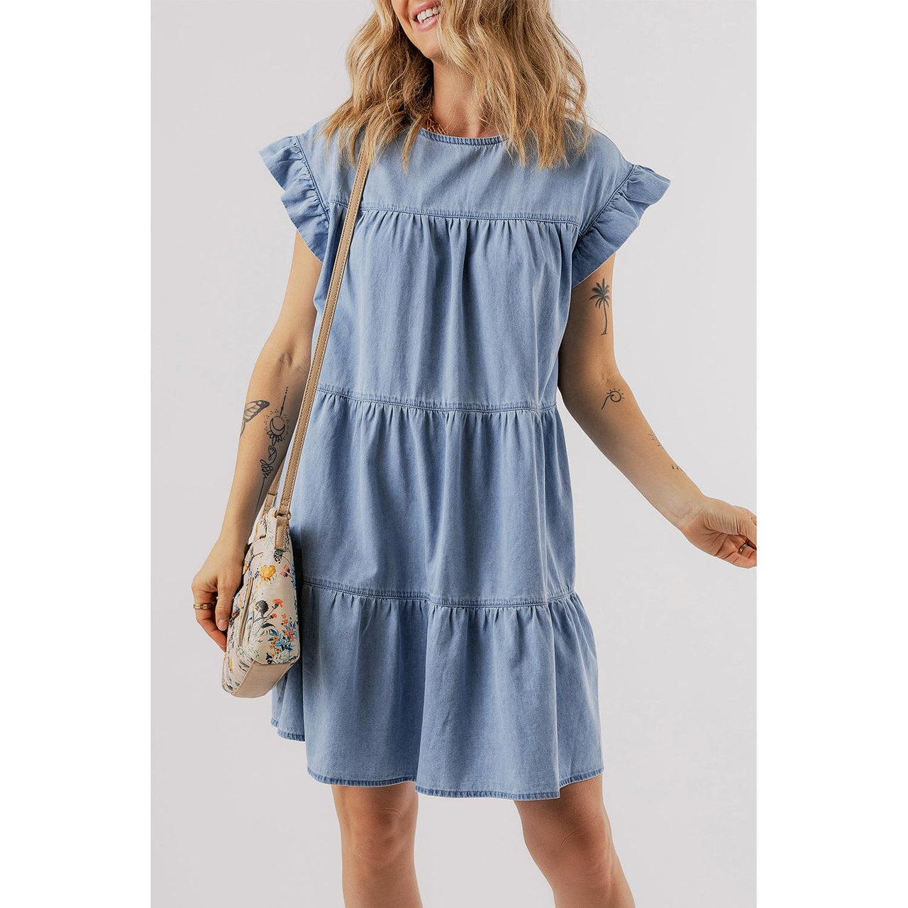 Beau Blue Ruffle Short Sleeve Tiered A-line Denim Dress - Modestly Vogue