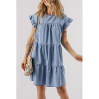 Beau Blue Ruffle Short Sleeve Tiered A-line Denim Dress - Modestly Vogue